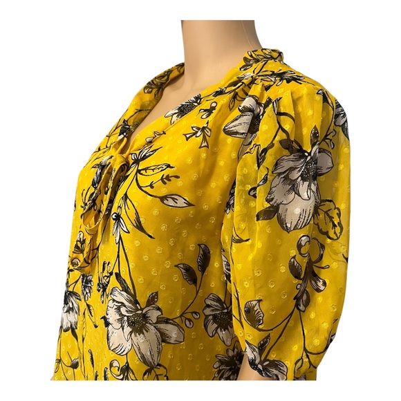 Retrology retro floral yellow blouse Women PL rushed short sleeves V- neck bow - Picture 4 of 16